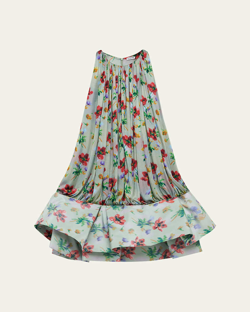 Flamenco Pleated Floral Satin Drop-Waist Mini Dress